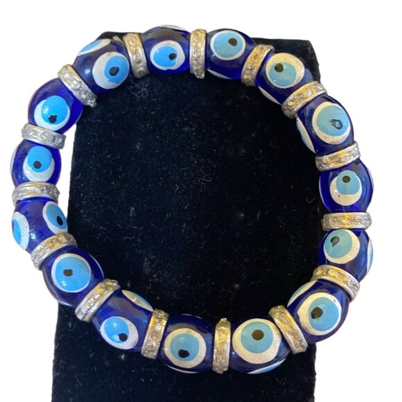 Evil Eye Bracelet 7 Inches Women Bead Stretch Blue Silver - Picture 1 of 4